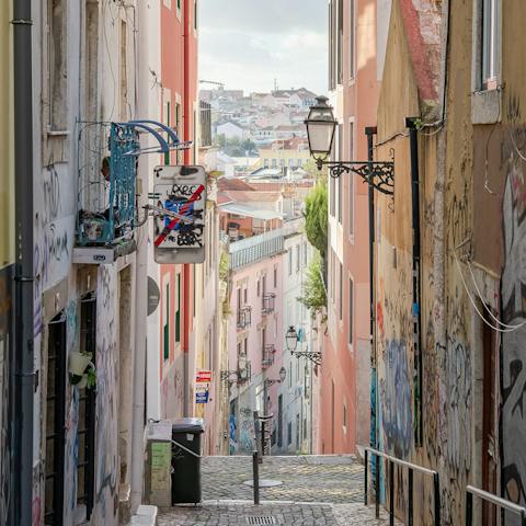 Weave through Bairro Alto's web of streets to the São Pedro de Alcântara viewpoint, a three-minute walk away 