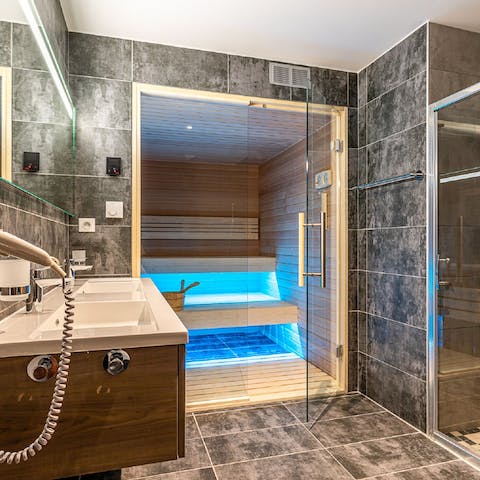 Step into your luxurious private sauna after a day hiking or skiing