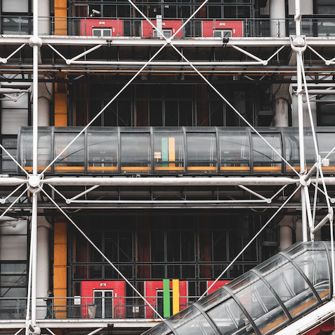 Admire the intruiguing architecture of the Centre Pompidou, four minutes away