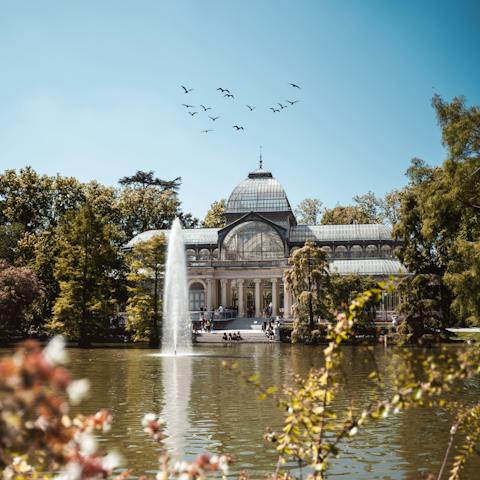 Take a sunny stroll through El Retiro Park, a thirteen-minute walk away