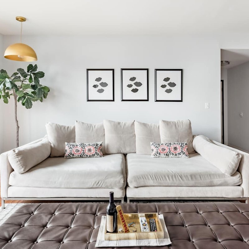Relax by the fireplace on the huge sofa