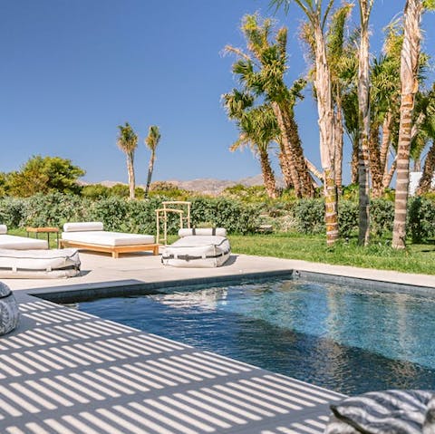 Relax by the swimming pool with its palms and mountain views