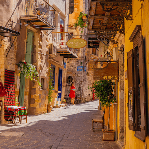 Reach the colourful streets of Chania in just fourteen minutes by car