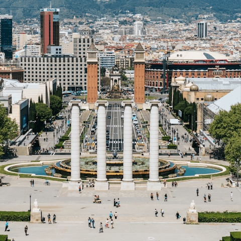 Visit bustling Plaça d'Espanya, a five-minute walk away