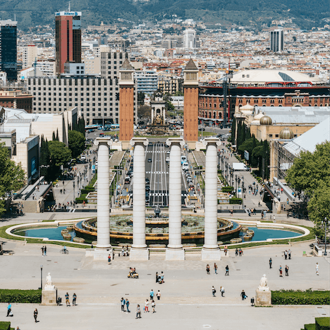 Visit bustling Plaça d'Espanya, a five-minute walk away
