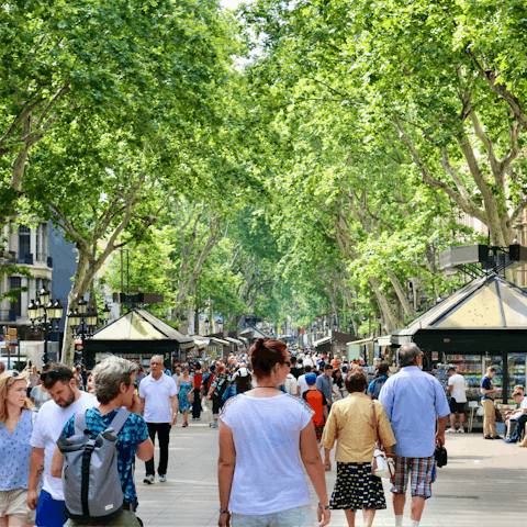 Stroll along Barcelona's famous Las Ramblas, a twenty-minute walk away