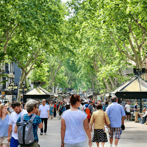 Stroll along Barcelona's famous Las Ramblas, a twenty-minute walk away