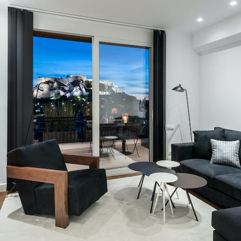 Admire the vistas of the Acropolis from inside too