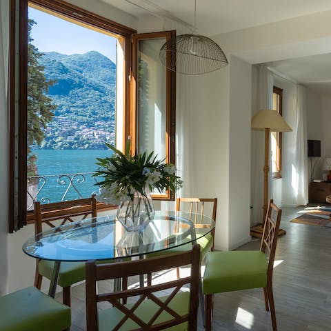 Start the day with breakfast around the dining table, admiring the idyllic view out the window