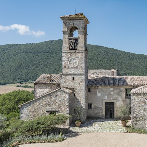 Admire the stone bell tower in all its glory 