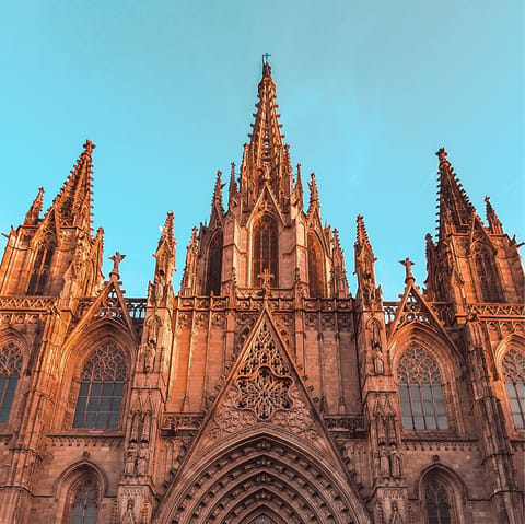 Wander into the Gothic Quarter to find sights like the Cathedral of Barcelona, fifteen minutes away