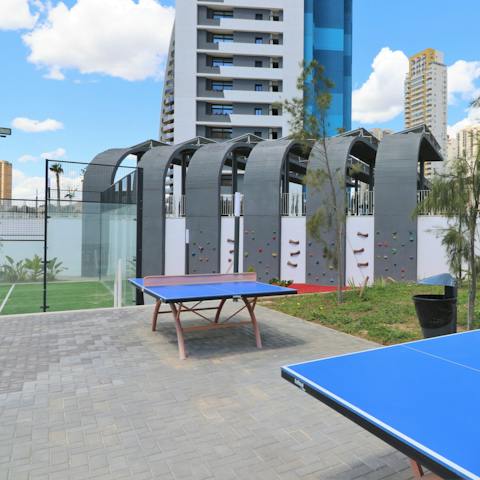 Work up a sweat on the tennis court, with a game of ping pong, or get the little ones on the dedicated climbing wall