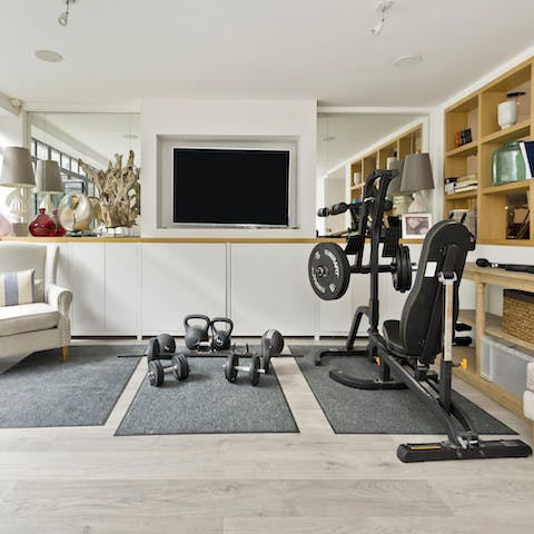 Get your endorphins flowing with a quick workout using the exercise equipment