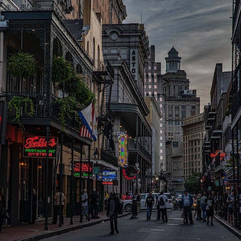 Enjoy an evening of Jazz on Bourbon Street, just a 10-minute walk away