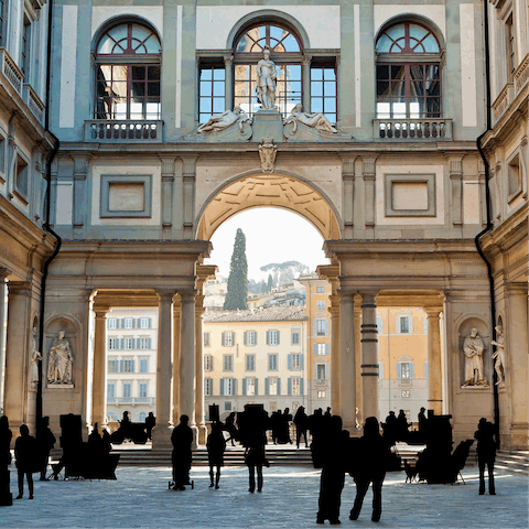 Marvel at the artistic masterpieces hanging in the Uffizi Gallery, under a ten-minute walk away