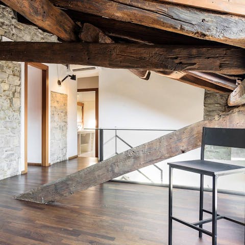 Admire the traditional timber beams and stone walls