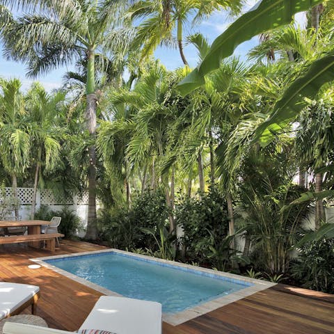 Spend lazy days relaxing by the pool, soaking in the tropical surroundings, taking a dip to cool off