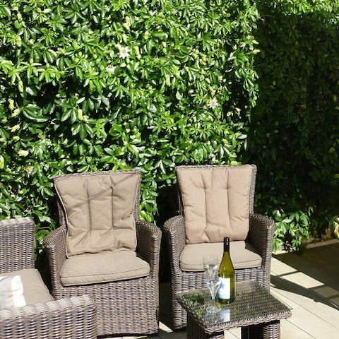 Sunbathe in the garden with a glass of wine in hand 