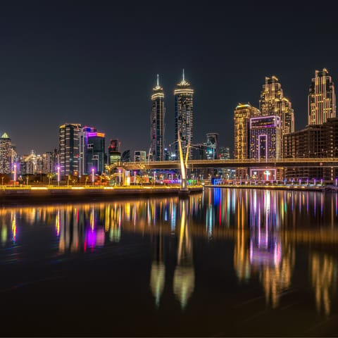 Explore Jumeirah at night and admire the neon views across to Deira, a fifteen-minute drive