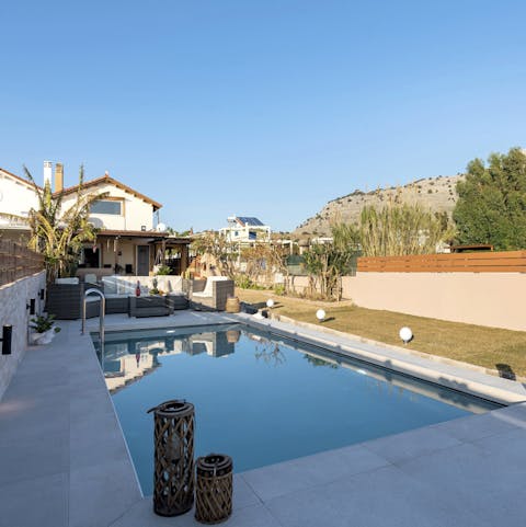 Bask in the cool of the private swimming pool on hot days