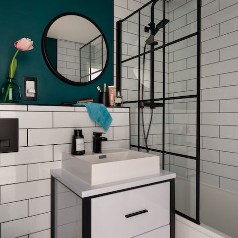 Get mornings off too a pampered start in the chic metro-tiled bathroom