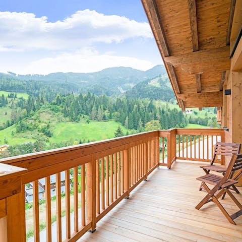Take in picturesque views of the pine covered landscape from the terrace 