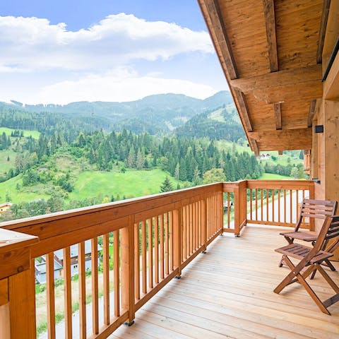 Take in picturesque views of the pine covered landscape from the terrace 