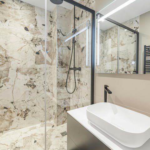 Get ready in the stylish bathroom before a night out in the City of Light