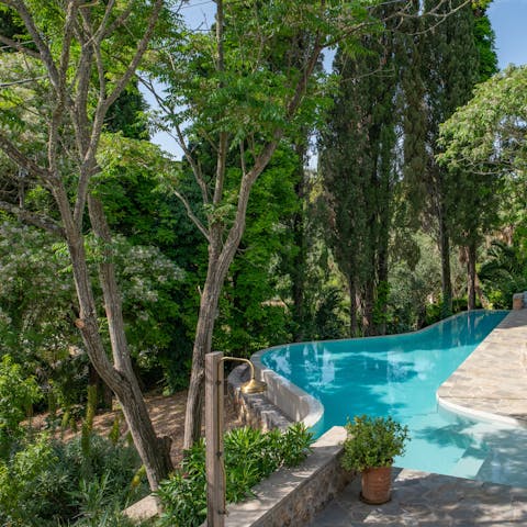 Take a refreshing dip in the tree-lined private pool