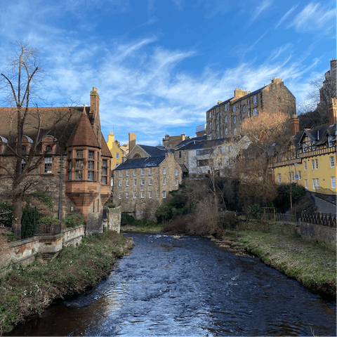 Discover the pretty architecture of the Dean Village, a thirteen-minute walk away