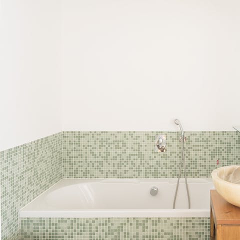 Treat yourself to a soak in the tiled tub after a day of sightseeing