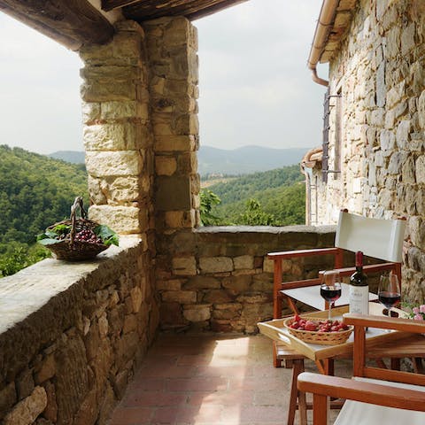 Sit back and admire the vineyards and olive groves that surround you