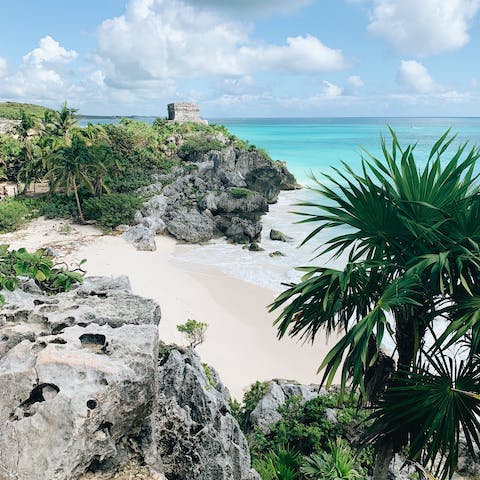 Visit the stunning beaches of Tulum and swim in the clear blue waters, surrounded by tropical greenery