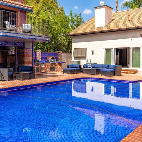 Enjoy a refreshing dip in the private outdoor pool when the California heat turns up