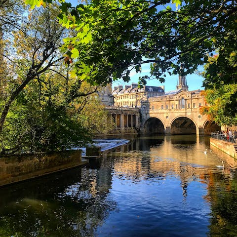 Soak up the elegance and history of the city of Bath, which lies forty-six miles west