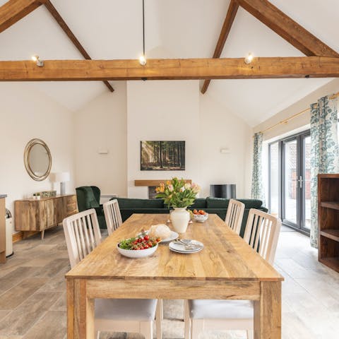 Lay the table for a lazy brunch for two beneath the barn's vaulted ceiling
