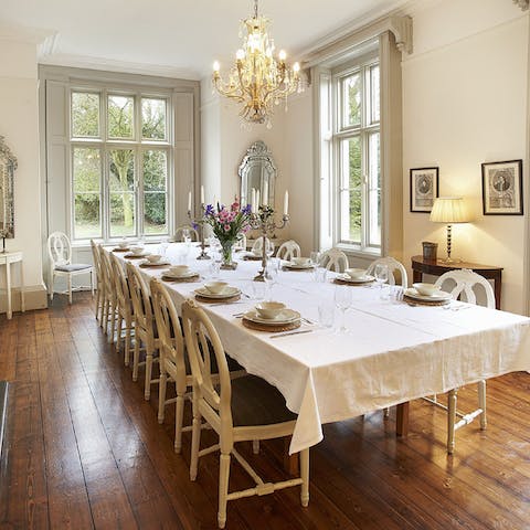 Get together for group dinners in the main house's pretty dining room