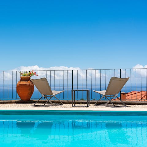 Catch some sun on the deck chairs with stunning sea views, or escape the heat in the clear waters of the pool
