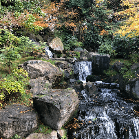 Explore the pretty Kyoto Garden in the middle of Holland Park, nine minutes' walk away