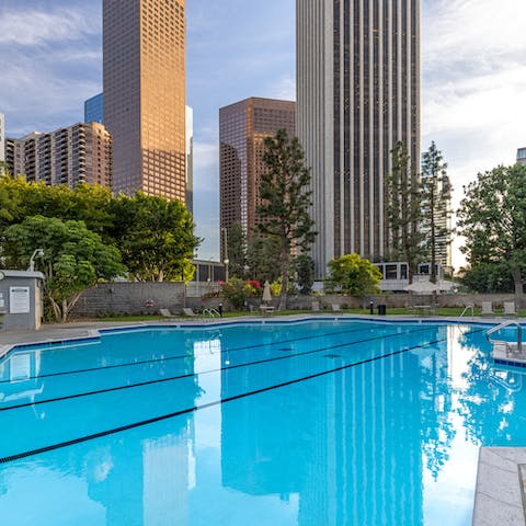 Start your day with a dip in the large communal swimming pool