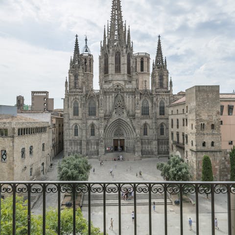 Take in incredible views of Barcelona Cathedral from the living room's Juliet balconies