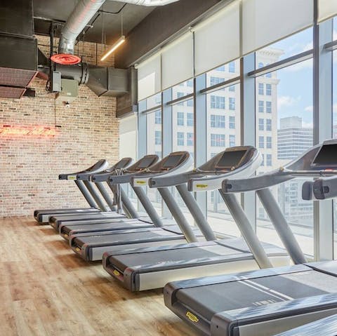 Hit the treadmill in the shared fitness centre and rack up the miles