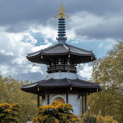 Stroll along the riverside promenade and enjoy a moment of contemplation at the Peace Pagoda in Battersea Park – it's just a few minutes away