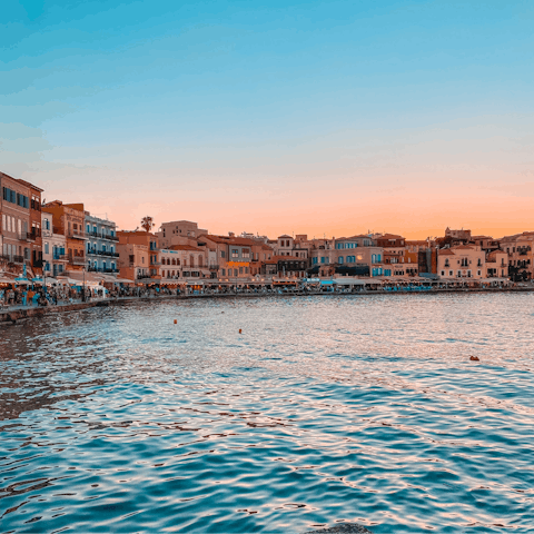 Head into historical Chania for dinner at its waterfront tavernas (ten minute drive)