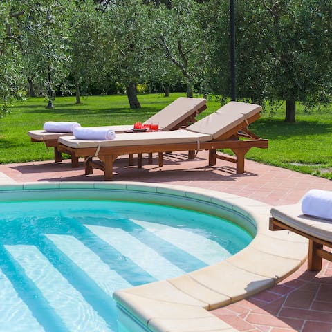 Catch some rays (or some zzzs) on the loungers by the striking swimming pool