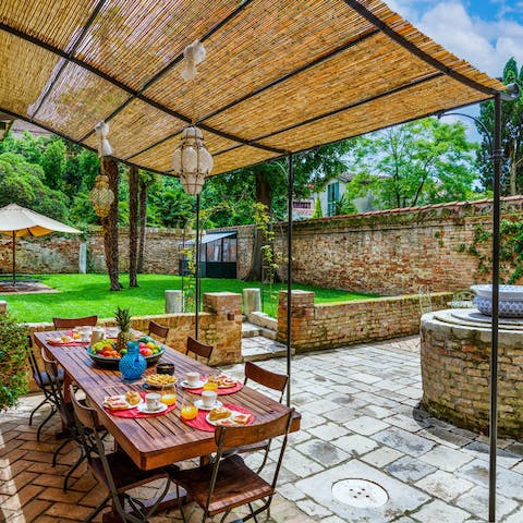 Dine alfresco on homecooked Venetian bigoli in salsa