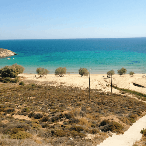 Spend the days relaxing in the sand at Marathiás Beach, which can be reached in a six-minute walk from home