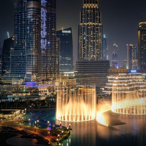Take in the dazzling show at The Dubai Fountain, a twenty-minute walk away