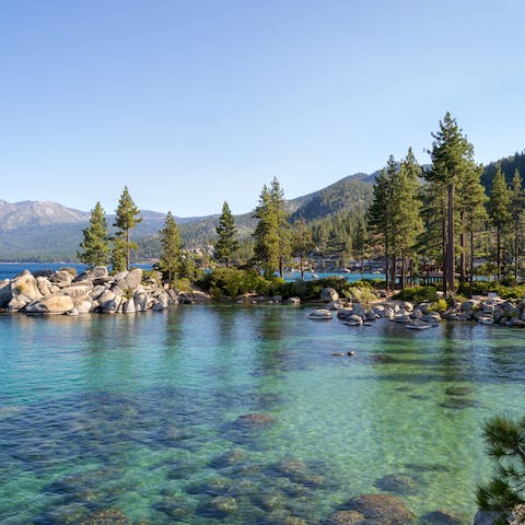 Explore Lake Tahoe's stunning shoreline, reached in a ten-minute walk from your front door