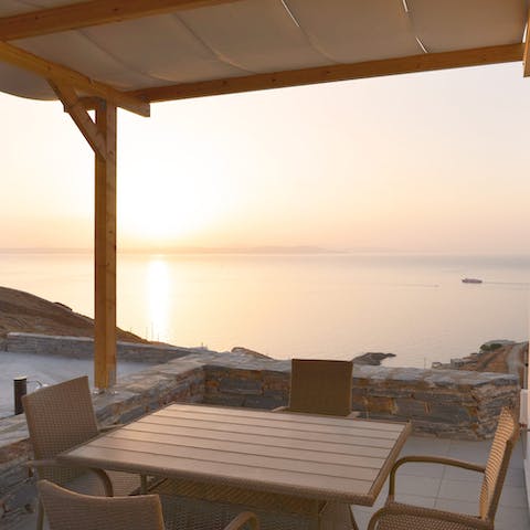 Dine alfresco on the shaded terrace and watch the sunset at dusk